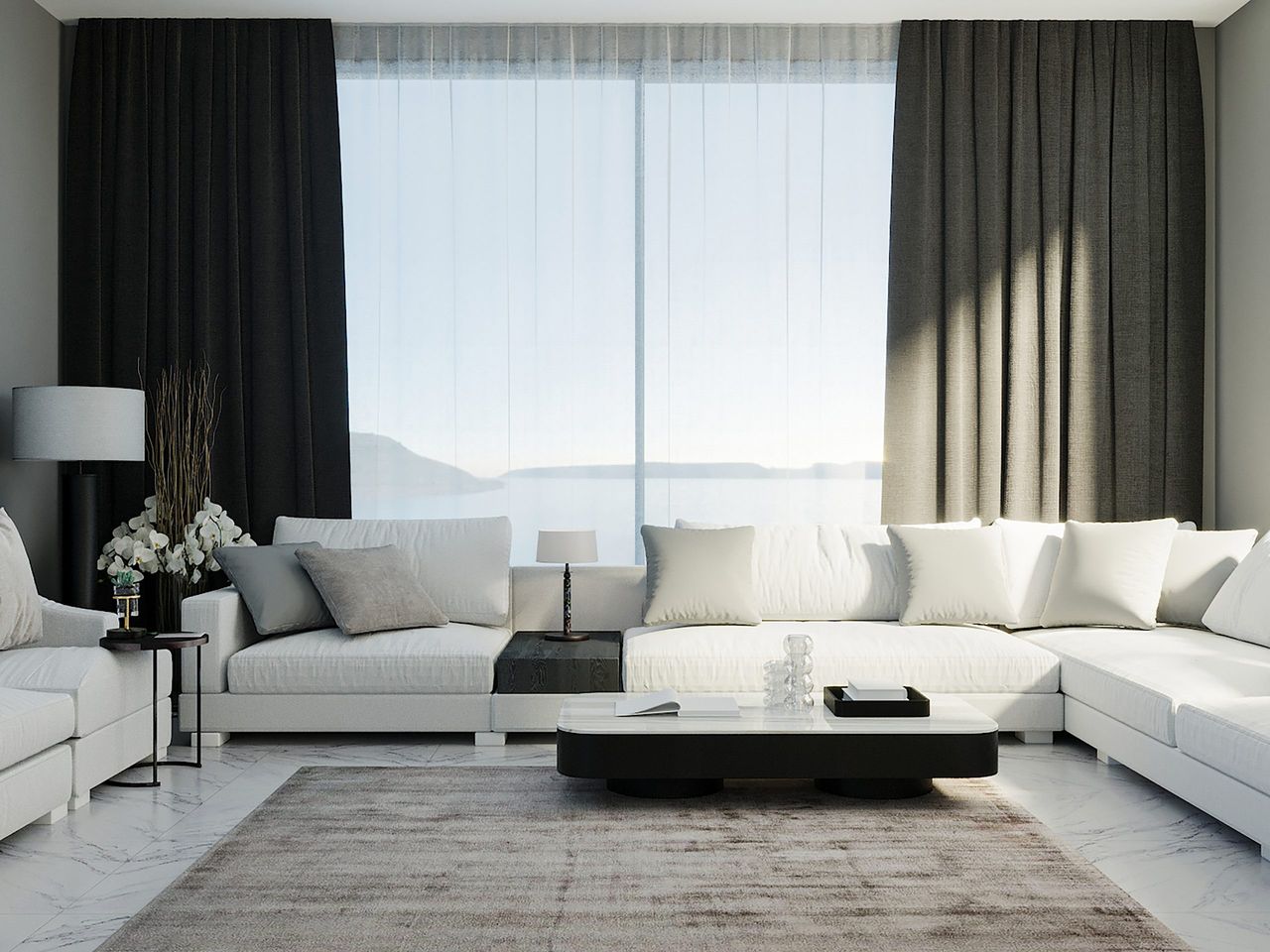 White corner sofa in luxury living guest room with black curtains and window on background, living room mock up, 3d rendering