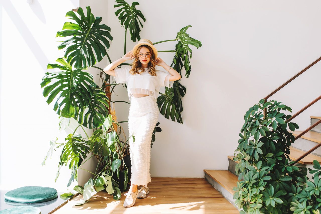 Full-length portrait of dreamy girl in white sneakers and skirt standing with hands up in shadow of big green flower. Indoor photo of slim curly young woman in hat gracefully posing near plant.