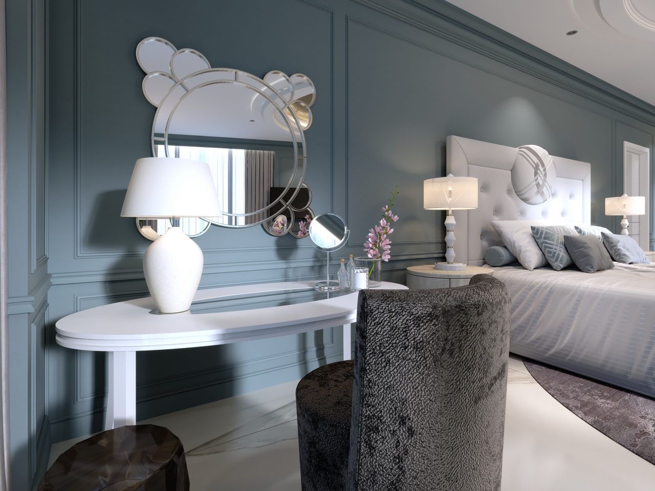 Classic white dressing table with a round mirror and soft chair in the bedroom. 3d rendering