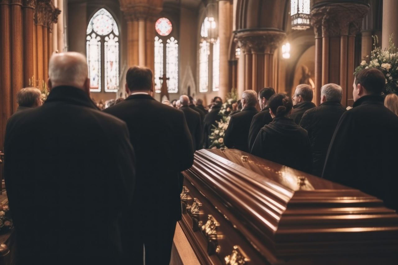 Funeral coffin, group of people grieving and mourning at church. Generative AI.