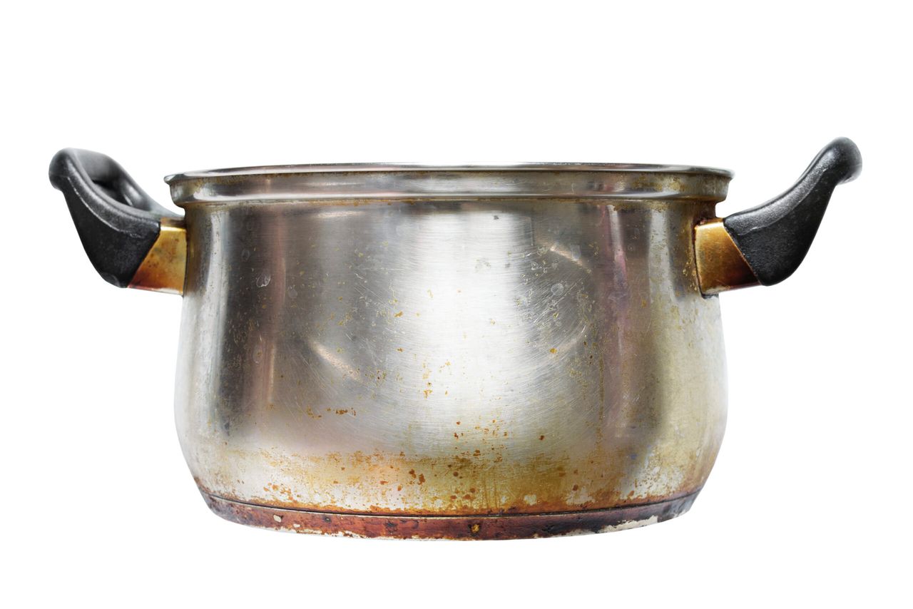Dirty metal cooking pot isolated over white