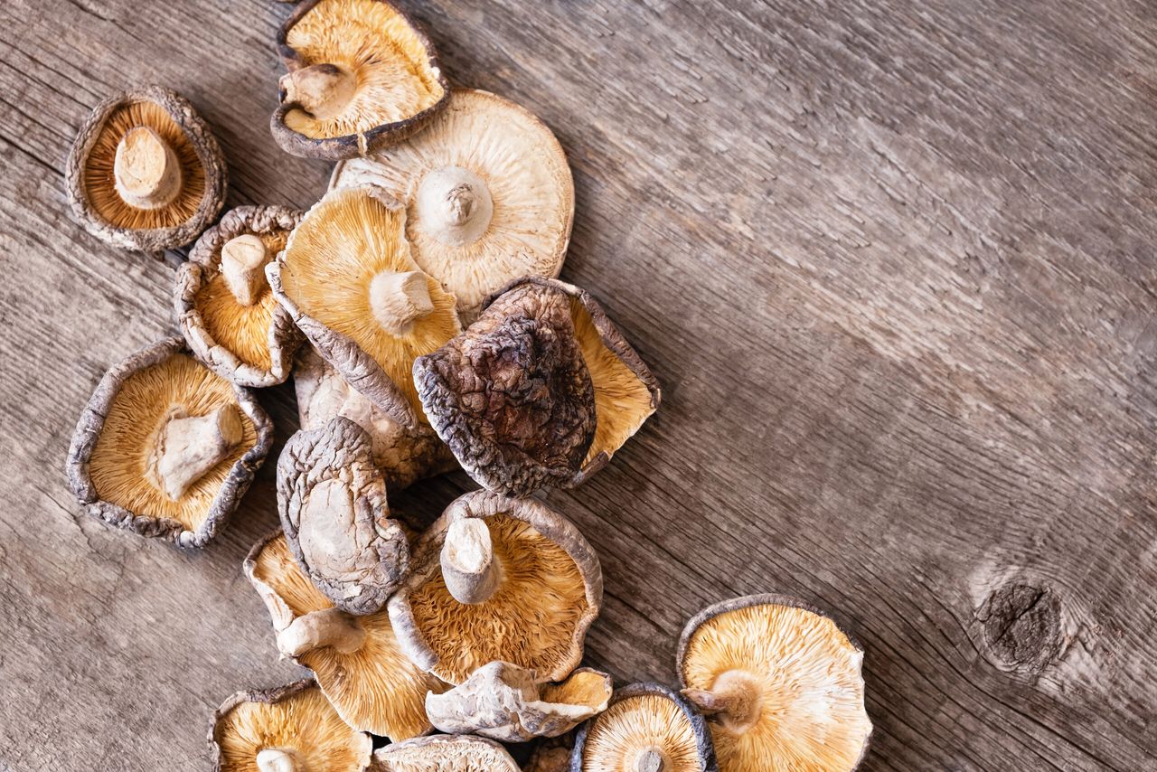 Dried shiitake mushrooms on a wooden background.