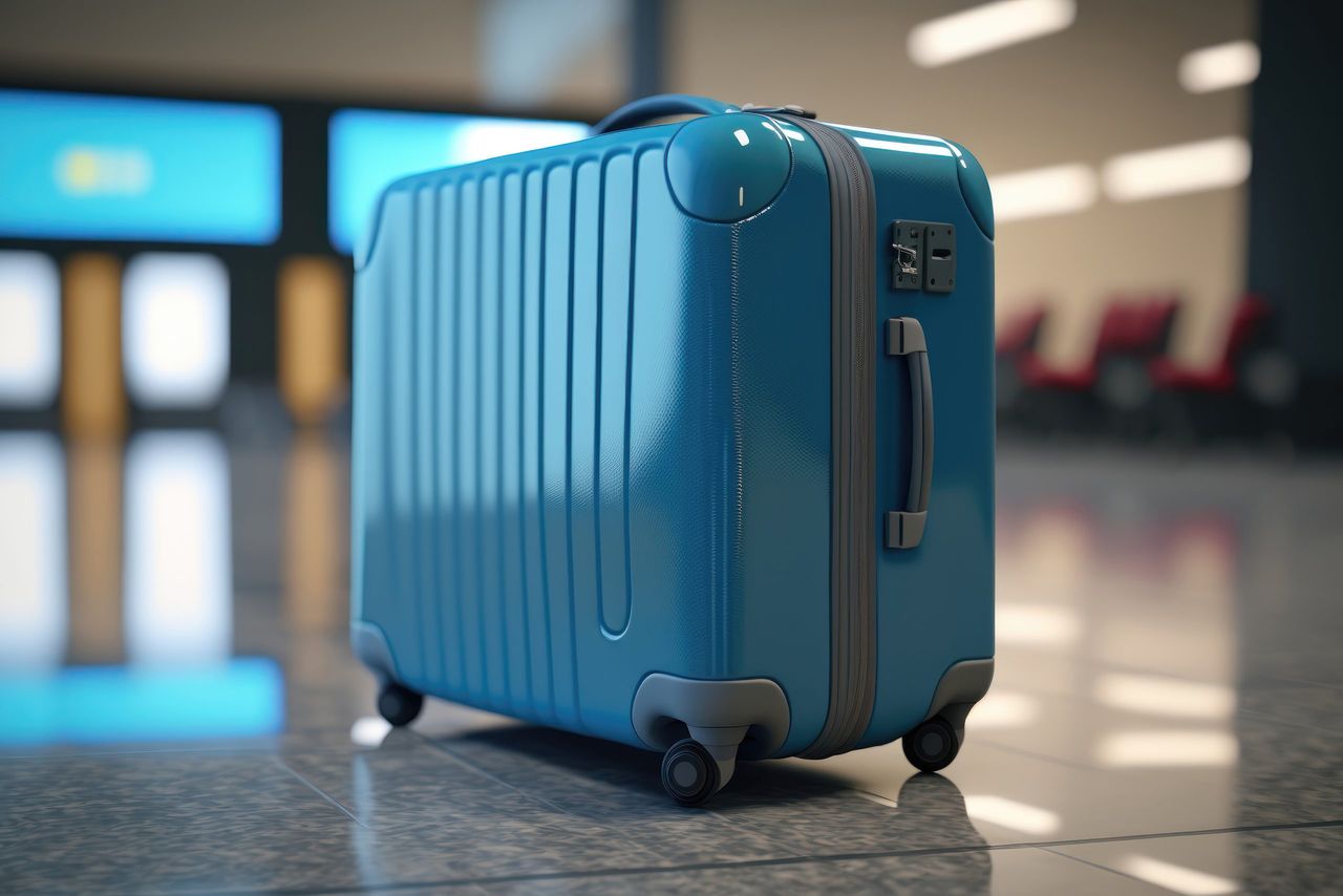 Blue luggage suitcase for travel and tourism. Departure bag for journey and transport at the airport. Generative ai