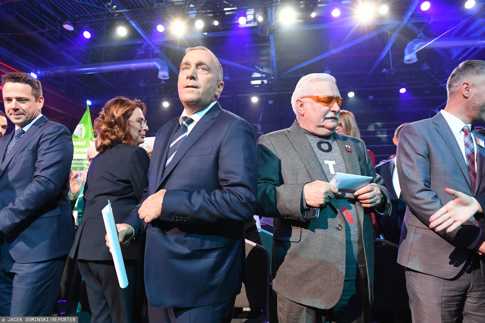Wybory parlamentarne 2019. Lech Wałęsa i Grzegorz Schetyna, konwencja Koalicji Obywatelskiej w Warszawie.
