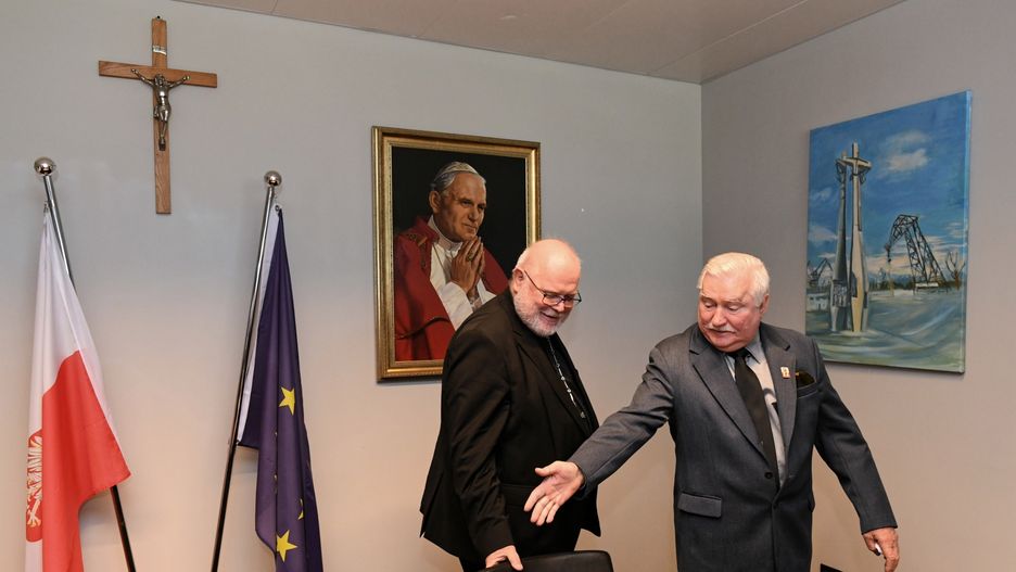 Przewodniczący Episkopatu Niemiec, arcybiskup Monachium i Fryzyngi, kardynał prof. Reinhard Marx i były prezydent Lech Wałęsa podczas spotkania w Gdańsku