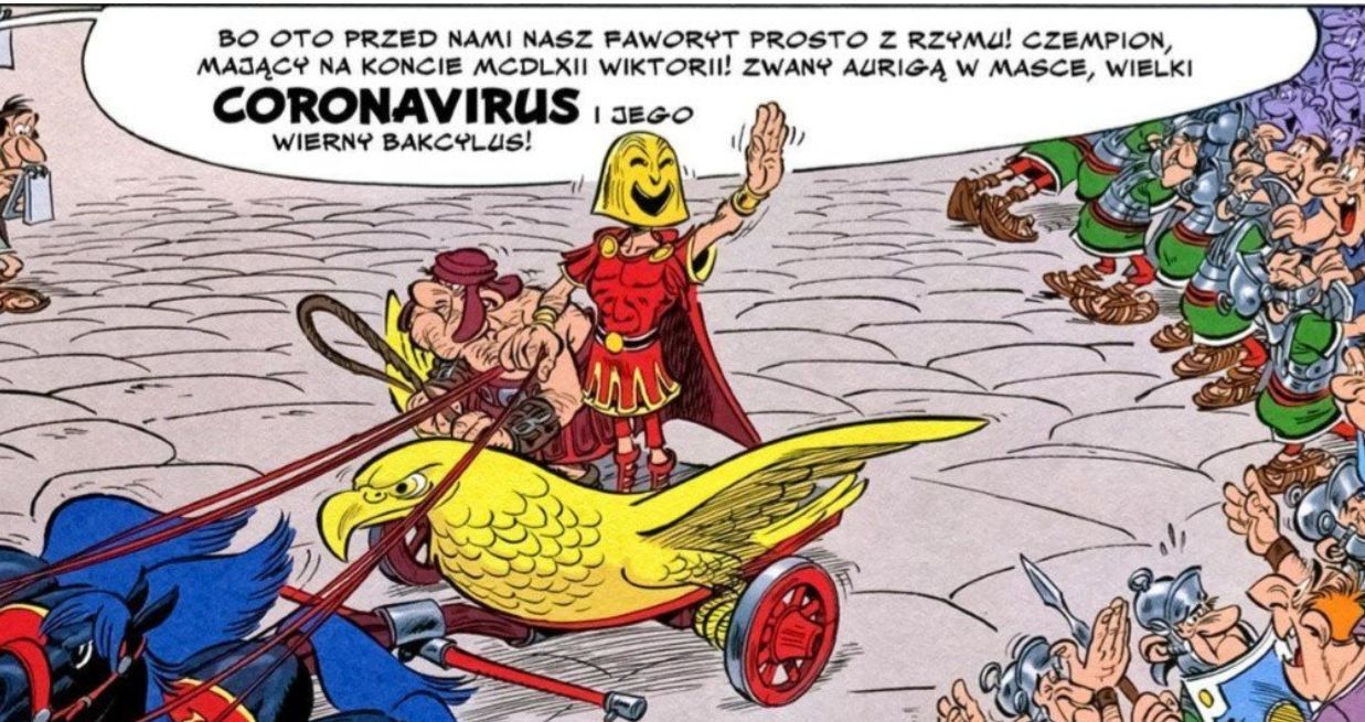 Fragment komiksu z bohaterem zwanym Coronavirusem. 