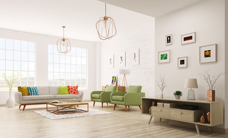 Modern interior of living room with sofa, armchairs, scandinavian style 3d rendering 