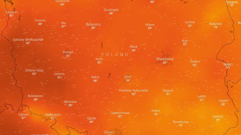 Mapa pokazuje temperaturę w skali Fahrenheita w środę po południu