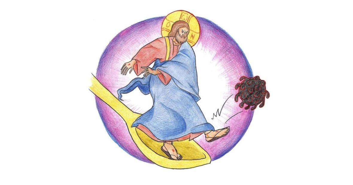 Chrystus wykopujący koronawirusa. Rysunek ze strony: https://www.facebook.com/fanichbm/posts/2783430278409474 