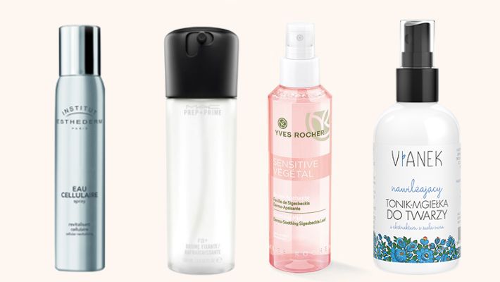 Mgiełki do twarzy: Cellular Water  Institut Esthederm (ok. 88 zł / 100 ml), MAC Prep + Prime (99 zł / 100 ml), Yves Rocher Sensitive Vegetal (19,90 zł /150 ml), Vianek nawilżający tonik-mgiełka do twarzy (17,99 zł /100 ml)