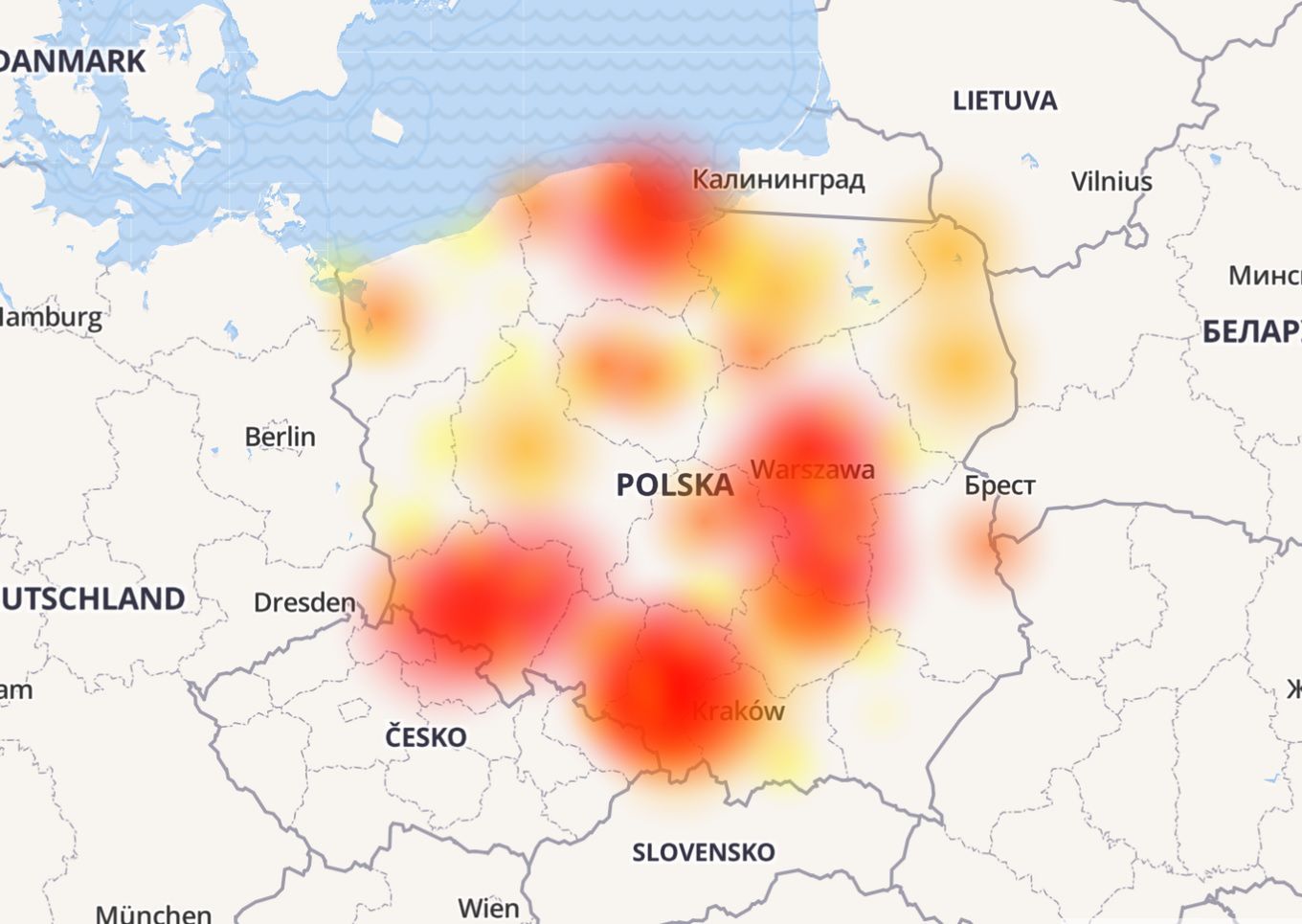 Mapa przerw w usługach dostarczanych przez Vectrę