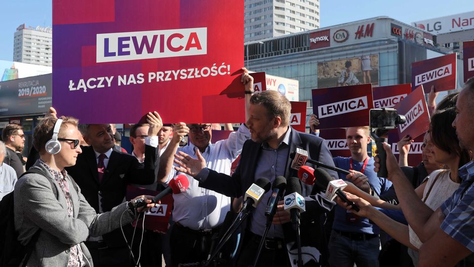 Warszawa. Lewica prezentuje hasło wyborcze przed wyborami parlamentarnymi