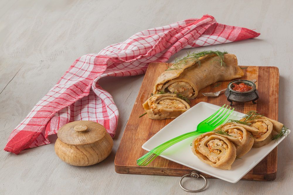 Hanuma or hanym - roll dough and meat stuffing, traditional Asian dishes, steamed.  