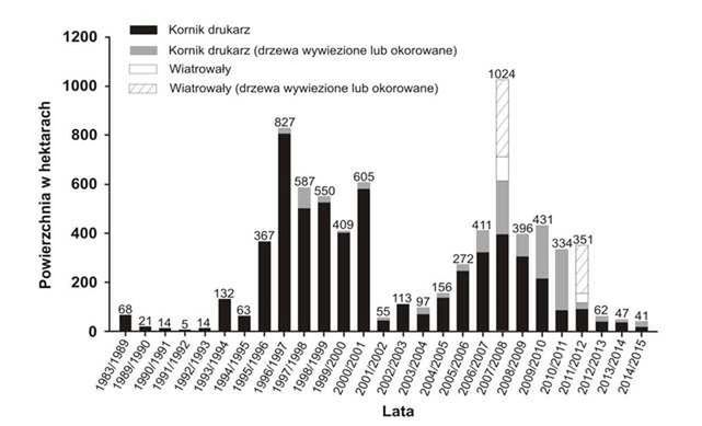Rys. Powierzchnie zniszczone przez czynniki naturalne w Parku Narodowym Las Bawarski 