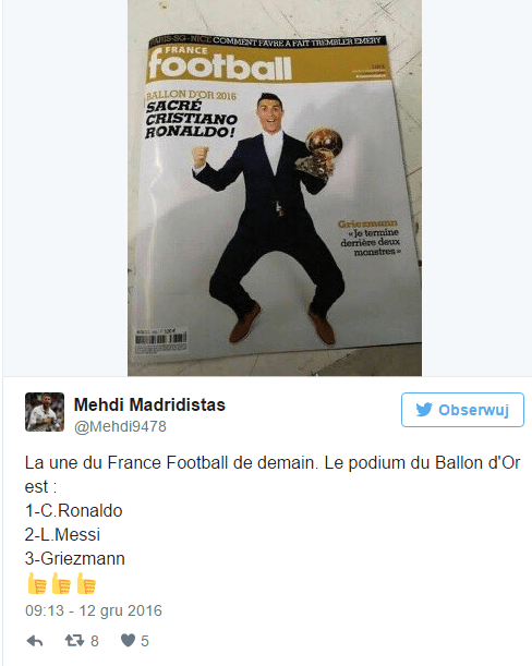 Okładka France Football z Cristiano Ronaldo ze Złotą Piłką 2016