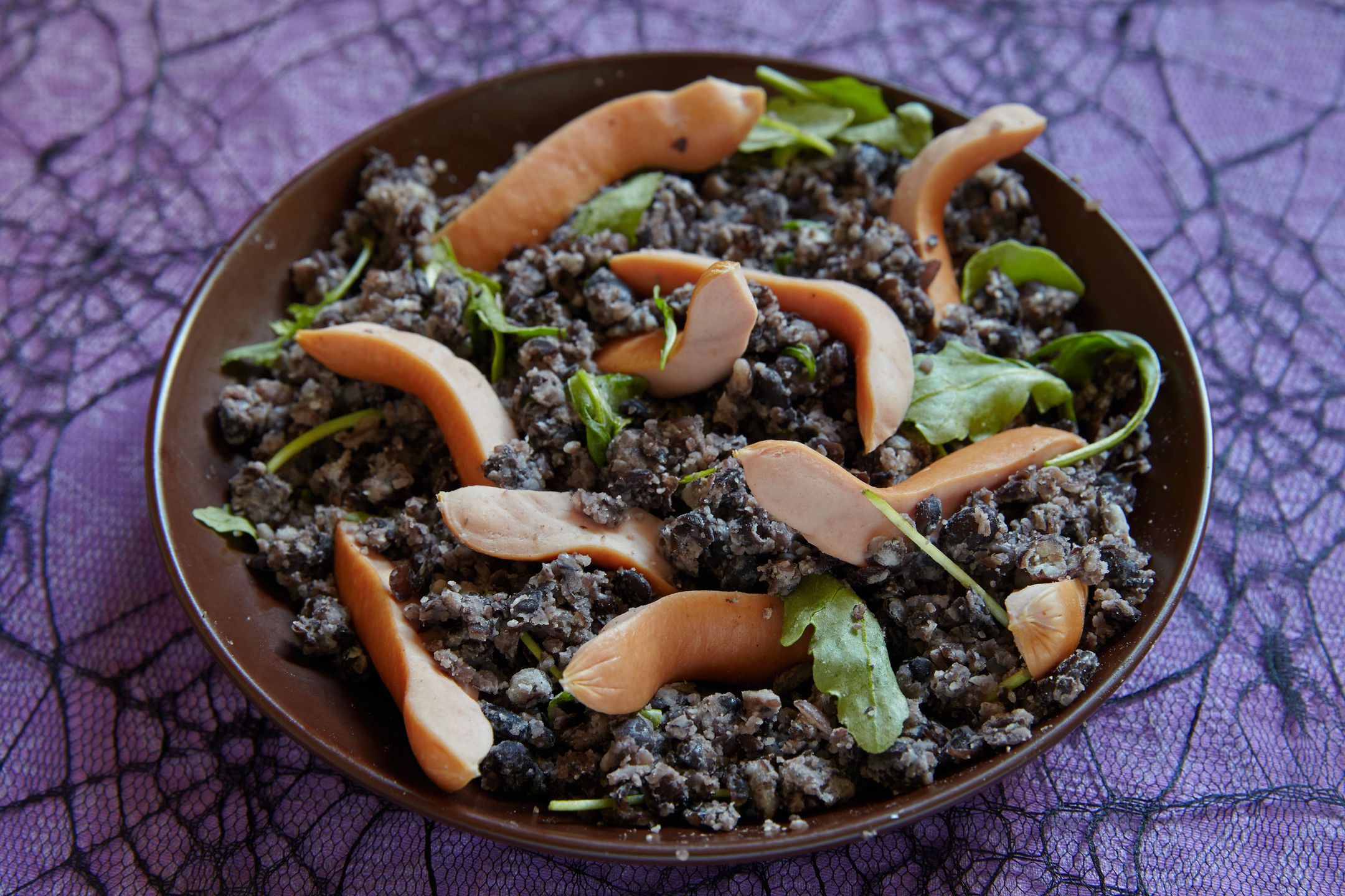 Mashed black beans and sausages for Halloween 