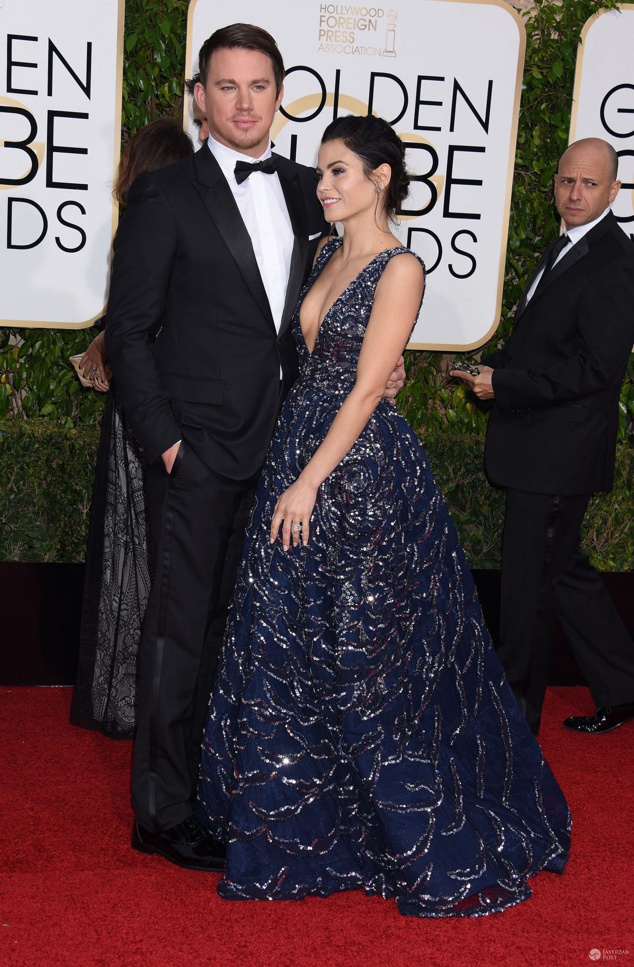Channing Tatum i jego żona Jenna Dewan-Tatum (w sukni Zuhair Murad), Złote Globy 2016 (fot. ONS)