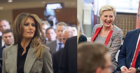 Agata Kornhauser-Duda w modnym kostiumie w kratkę. Podobny ma Melania Trump
