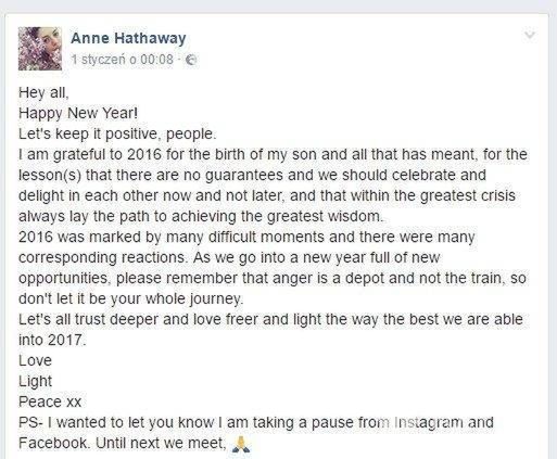 Anne Hathaway wpis na Facebooku