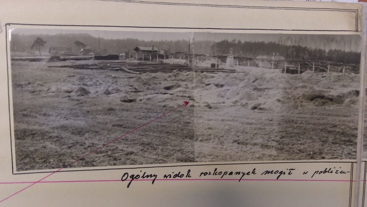 Bełżec 1958 r. Widok na część pola, na którym funkcjonował obóz zagłady. Na pierwszym planie groby rozkopane przez poszukiwaczy złota. Po lewej stronie państwowy skład drewna. 
