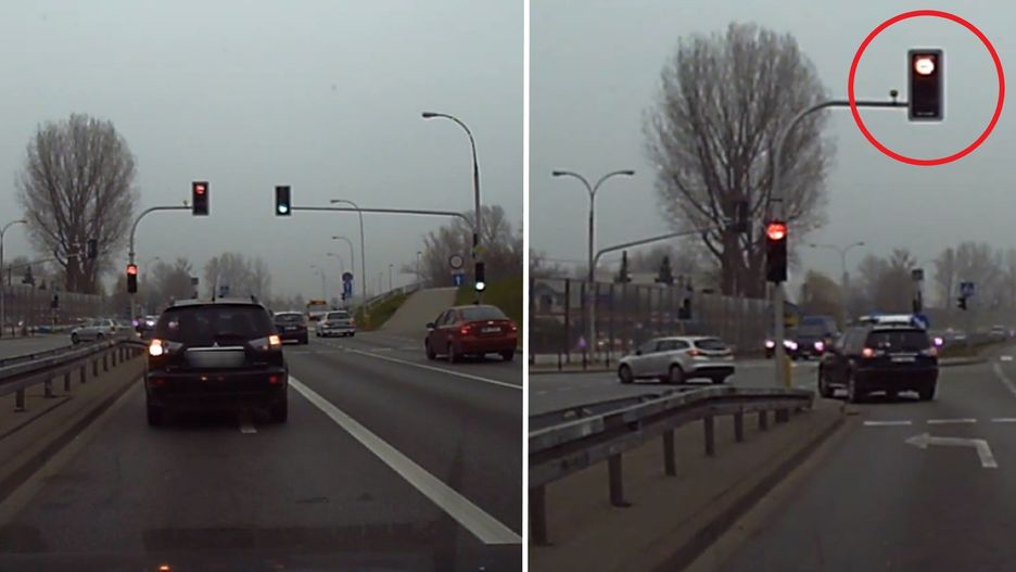 Warszawa. Samochody skręcające z Wału Miedzeszyńskiego na czerwonym świetle