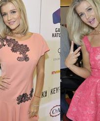 Dwie różowe stylizacje Joanny Krupy w centrum handlowym