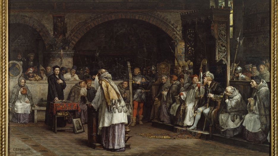 Dyskurs religijny między Olausem Petri i Pederem  Galle/obraz Carla Gustafa Hellqvista