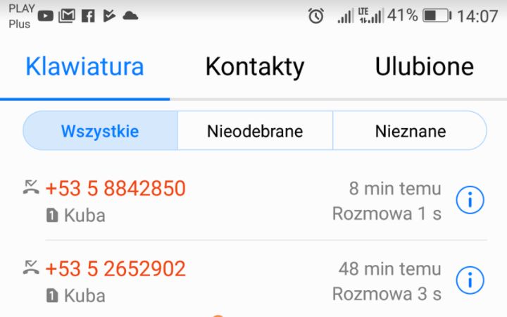 Nieodebrane połączenia z Kuby (najprawdopodobniej nie od Kuby), źródło: niebezpiecznik.pl