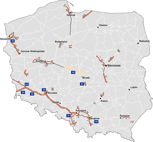 Mapa odcinków poboru opłat. Stan na 1 lipca 2011 (źródło www.viatoll.pl)
