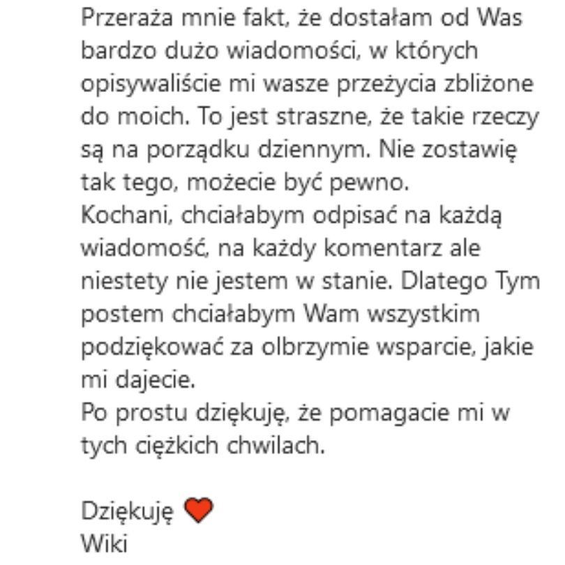 "Hotel Paradise". Wiktoria dziękuje za słowa wsparcia