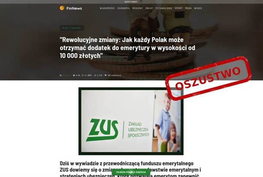 Przykład phishingu z logo ZUS-u