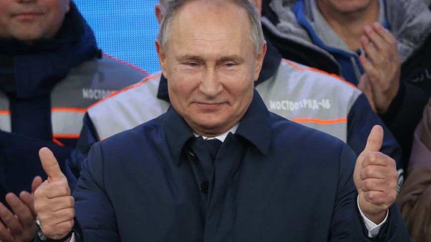 Russian President Vladimir Putin rides the first train accross the Crimean BidgeTAMAN, RUSSIA - DECEMBER 23:  Russian President Vladimir Putin talks during his meeting with workers after riding a train across the bridge linking Russia and Crimean Peninsula at Taman railways station on December 23, 2019 near Anapa, Russia. Putin on Monday inaugurated a raliway bridge to Crimea, the longest in Europe, which is intended facilitate links with Crimea, a disputed territory, which Russia annexed from Ukraine in 2014. (Photo by Mikhail Svetlov/Getty Images)Mikhail Svetlov