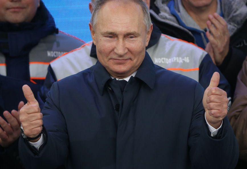 Russian President Vladimir Putin rides the first train accross the Crimean BidgeTAMAN, RUSSIA - DECEMBER 23:  Russian President Vladimir Putin talks during his meeting with workers after riding a train across the bridge linking Russia and Crimean Peninsula at Taman railways station on December 23, 2019 near Anapa, Russia. Putin on Monday inaugurated a raliway bridge to Crimea, the longest in Europe, which is intended facilitate links with Crimea, a disputed territory, which Russia annexed from Ukraine in 2014. (Photo by Mikhail Svetlov/Getty Images)Mikhail Svetlov