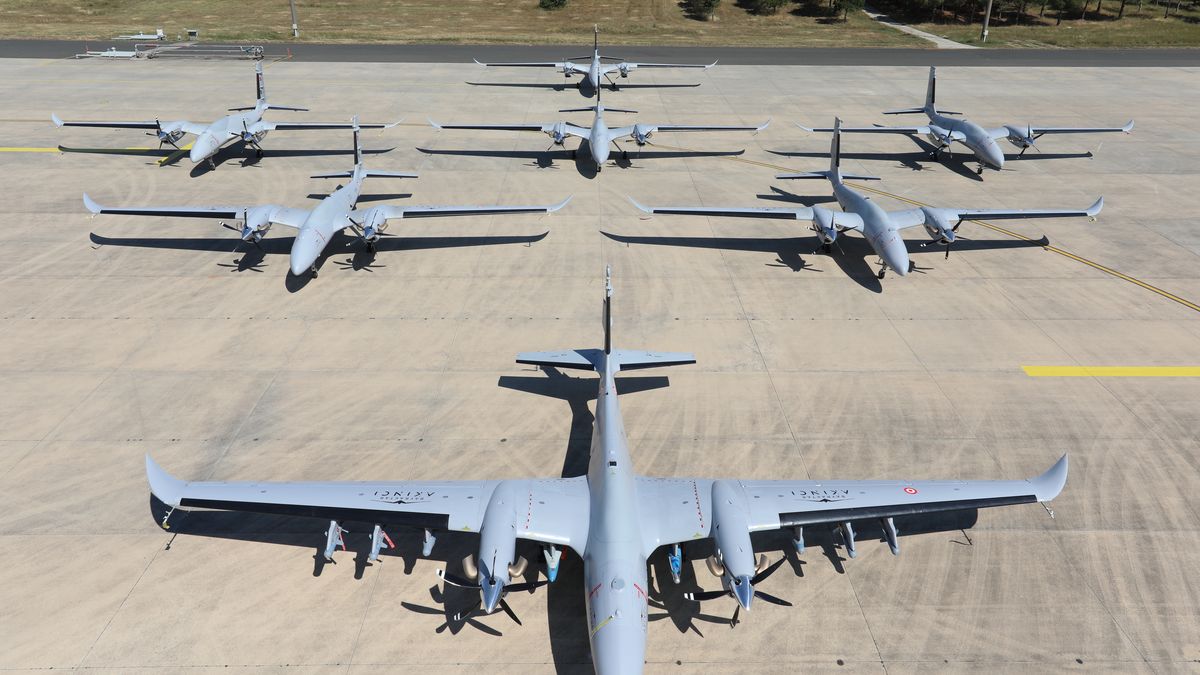 ISTANBUL, TURKIYE - JULY 05: (----EDITORIAL USE ONLY â MANDATORY CREDIT - "BAYKAR / HANDOUT" - NO MARKETING NO ADVERTISING CAMPAIGNS - DISTRIBUTED AS A SERVICE TO CLIENTS----) 7 Bayraktar Akinci unmanned aerial vehicle (UAV), are bring together as a fleet at Flight Training and Test Center in Istanbul, Turkiye on July 05, 2022. 3 of UAV's used for training and testing activities at Corlu Airport Base Command and 4 of them which to be delivered to the Air Force Command participated in the photo and video shoot together. (Photo by BAYKAR/Handout/Anadolu Agency via Getty Images)