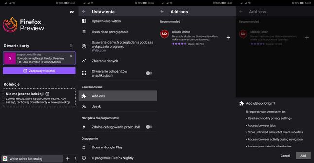 Firefox Preview na Androidzie i instalacja rozszerzeń.