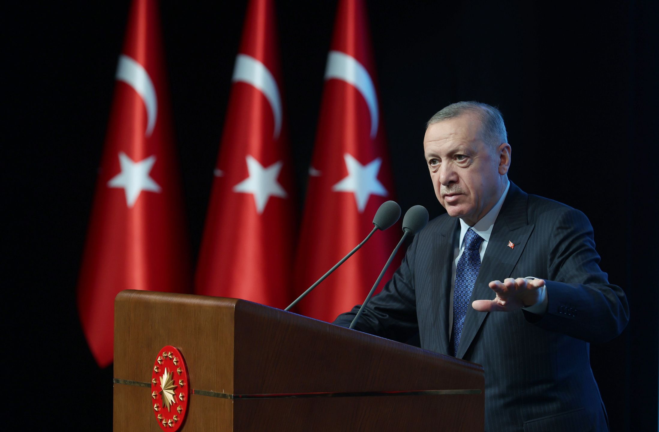 ANKARA, TURKIYE - MAY 12: Turkish President Recep Tayyip Erdogan speaks during a ceremony for the Distribution of Sports Equipment to Special Education Institutions at Bestepe Nationâs Convention and Culture Center in Ankara, Turkiye on May 12, 2022. (Photo by Mustafa Kamaci/Anadolu Agency via Getty Images)