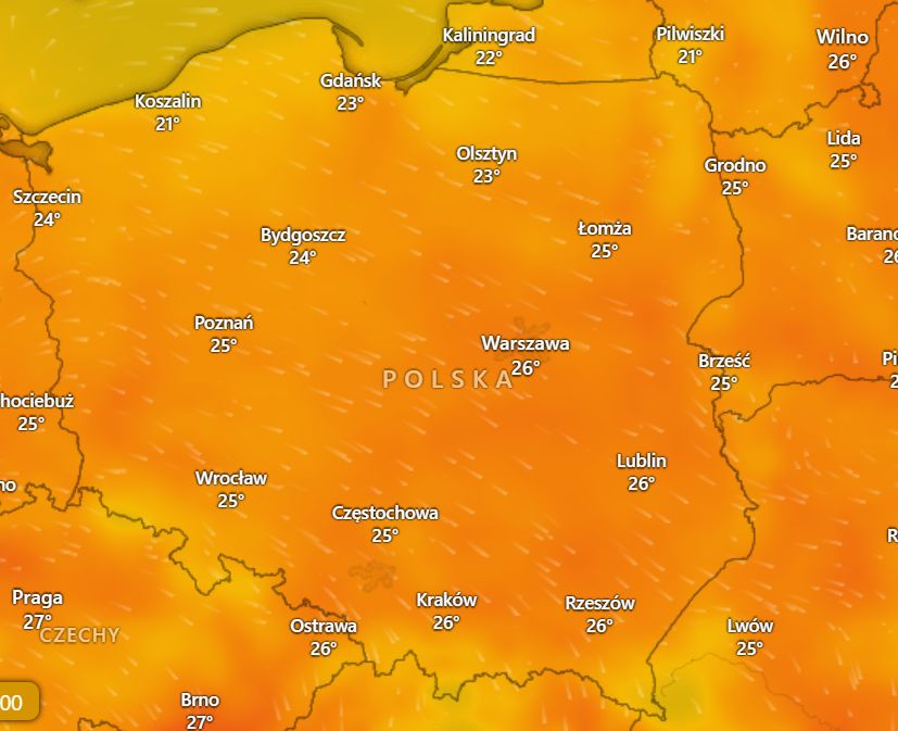 Prognozowane temperatury w poniedziałek i wtorek (22-23.07)