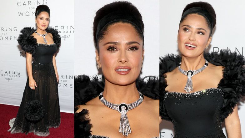 Salma Hayek w eleganckiej czerni i z wielkim wisiorkiem ZACHWYCA na evencie Kering Foundation (ZDJĘCIA)