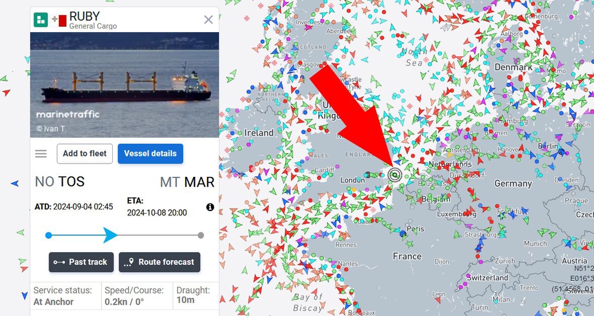 Position of the ship Ruby in the evening of September 25, 2024.