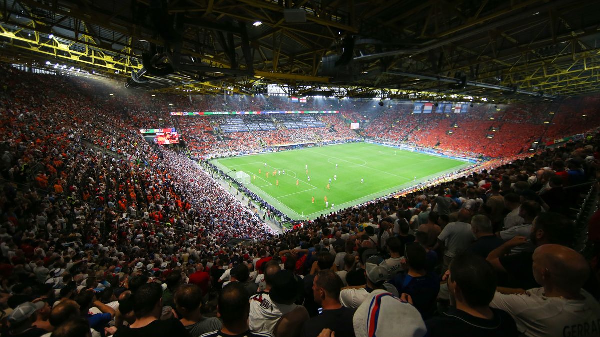 DORTMUND, GERMANY - JULY 10: A general view of the inside of the stadium during the UEFA EURO 2024 semi-final match between Netherlands and England at Football Stadium Dortmund on July 10, 2024 in Dortmund, Germany. (Photo by Cathrin Mueller - UEFA/UEFA via Getty Images)