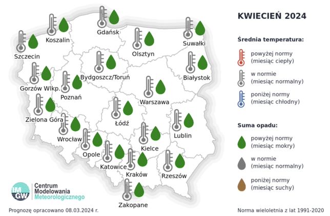 Prognoza średniej miesięcznej temperatury powietrza i miesięcznej sumy opadów atmosferycznych na kwiecień 2024 r. dla wybranych miast w Polsce