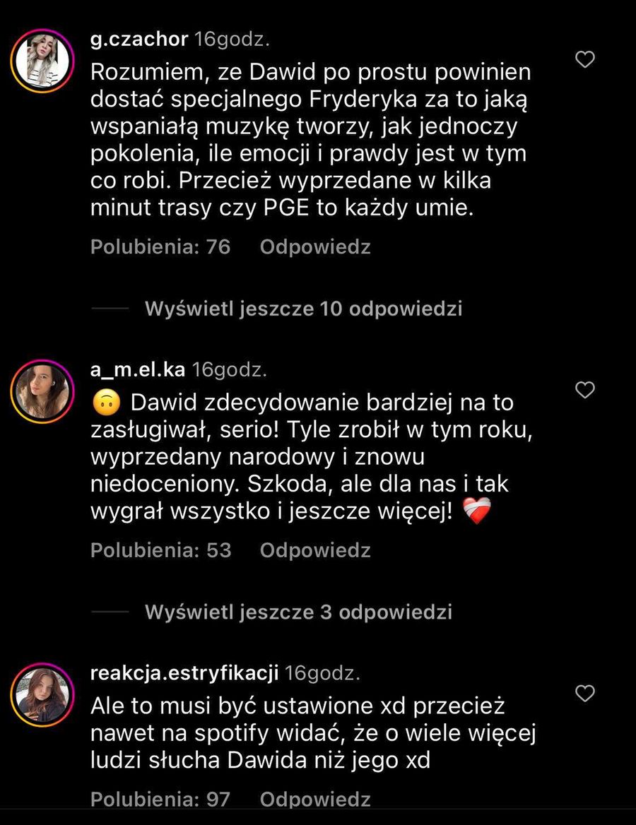 Fani są rozczarowani brakiem nagrody dla Dawida Podsiadły.