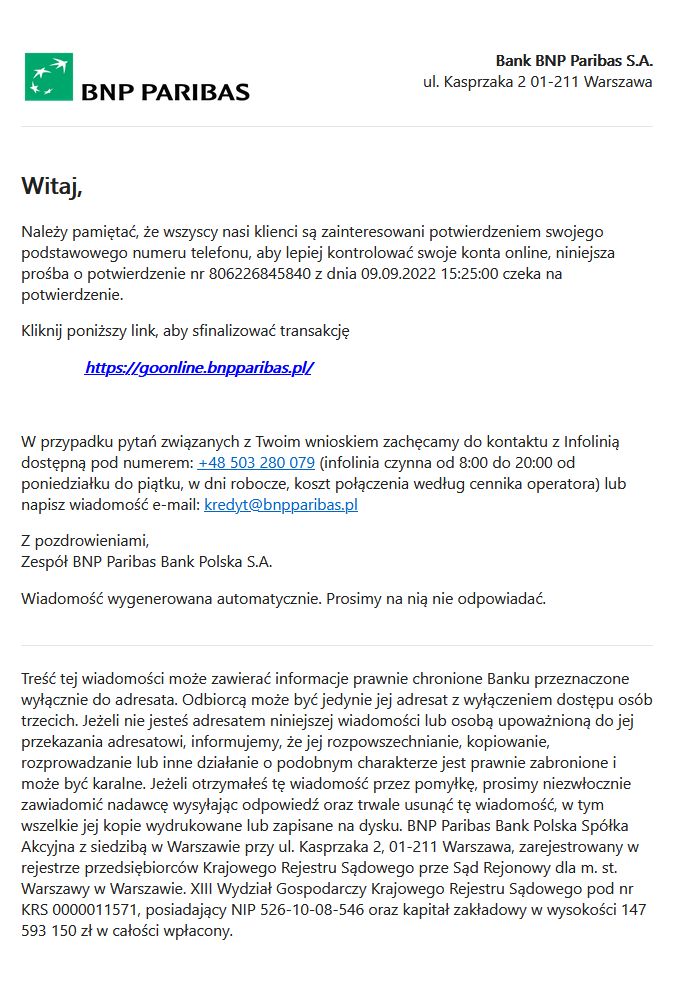 Fałszywy e-mail od BNP Paribas