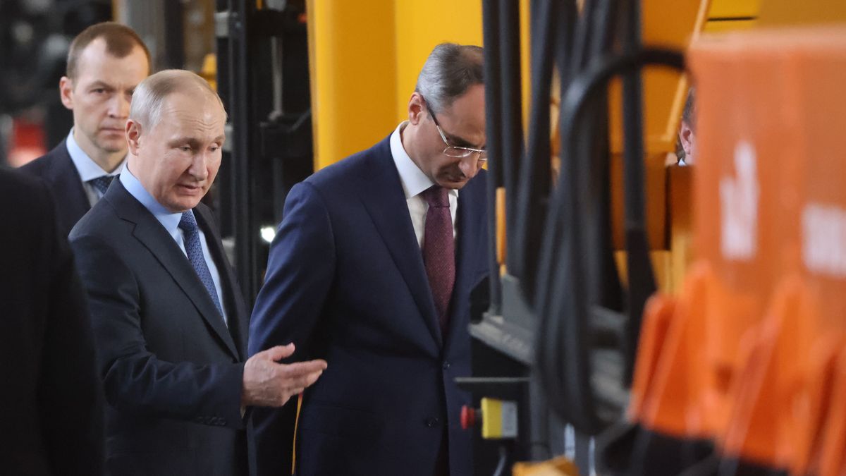 TULA, RUSSIA - APRIL 4: (RUSSIA OUT) Russian President Vladimir Putin during his visit to the Tulazheldormash plant of the PTK Group on April 4, 2023 in Tula, Russia. Putin is having a one day work trip to Tula, an industrial city, located 193 kilometers (120 mi) south of Moscow. (Photo by Contributor/Getty Images)
