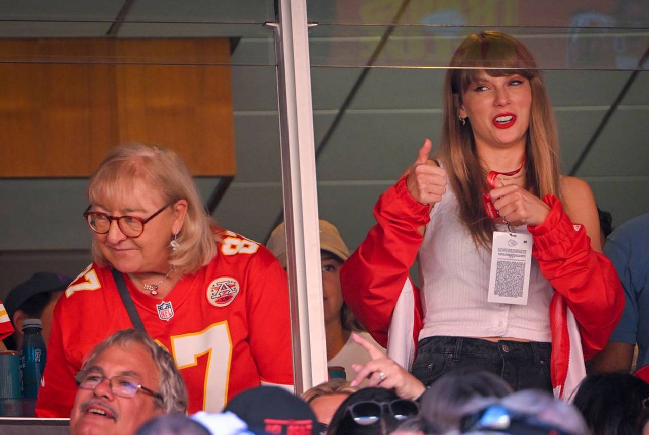 Donna Kelce, left, mother of Chiefs tight end Travis Kelce, watched the game with pop superstar Taylor Swift during the first-half on Sept. 24, 2023, at GEHA Field at Arrowhead Stadium in Kansas City. (Tammy Ljungblad/Kansas City Star/Tribune News Service via Getty Images)