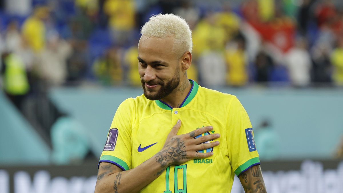 Neymar of Brazil puts his hand on his heart as he celebrates victory during the FIFA World Cup 2022 round of sixteen match between Brazil and South Korea at Stadium 974 on December 5th 2022 in Doha, Qatar (Photo by Tom Jenkins)