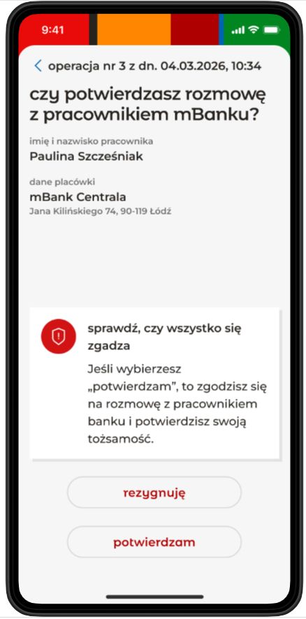 Potwierdzenie rozmowy z prawdziwym konsultantem mBanku 
