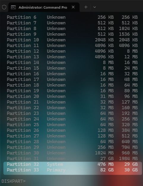 Interesują nas partycje 32 (boot) i 33 (windows)