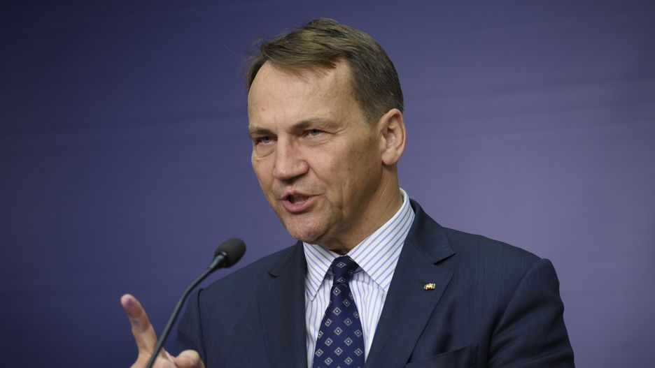 Poland's Minister of Foreign Affairs Radoslaw Sikorski is gesturing as he is speaking during a press conference after talks with his Sri Lankan counterpart Ali Sabry in Warsaw, Poland, on July 19, 2024. The ministers are holding a bilateral meeting to discuss strengthening economic cooperation and topics related to tourism, working visas, and the security situation in the Indo-Pacific, among other topics. (Photo by Aleksander Kalka/NurPhoto via Getty Images)
