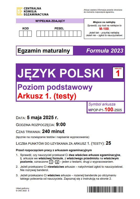 Matura 2025 z języka polskiego - arkusz CKE, poziom podstawowy
